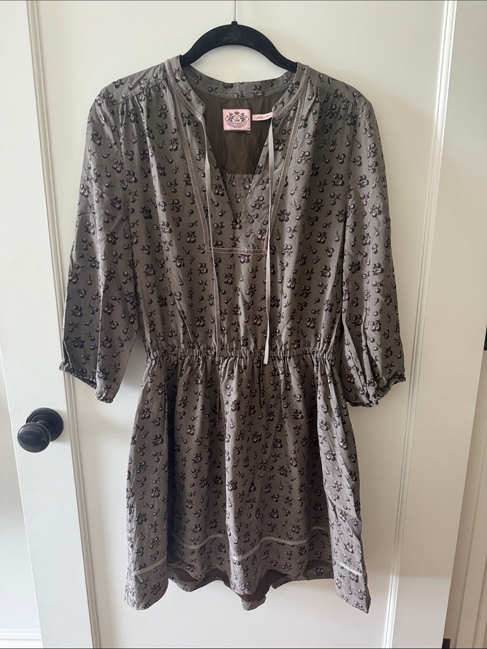 Juicy Couture Taupe Pure Silk Floral Drawstring Waist Dress
